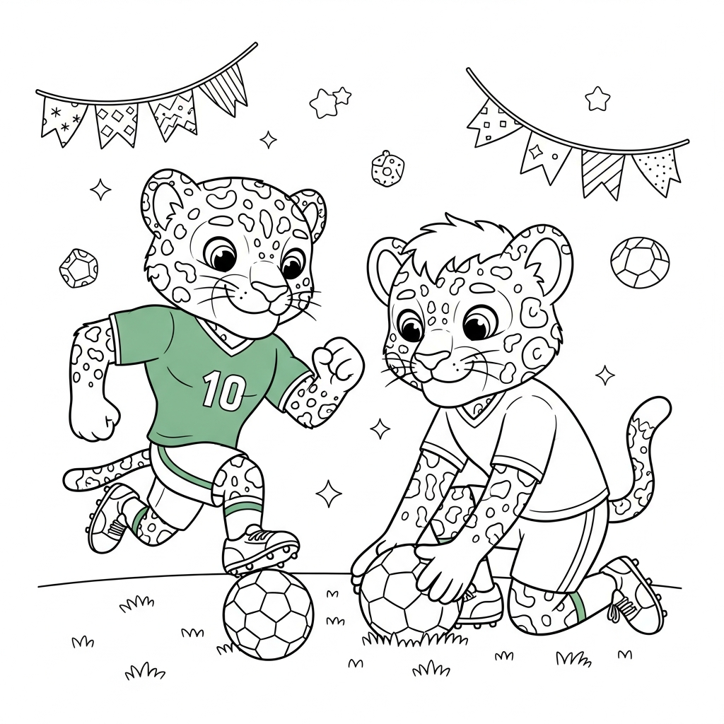 Desenho de Zayu mascote Copa 2026 para colorir arrumando bola para falta com bandeirinhas