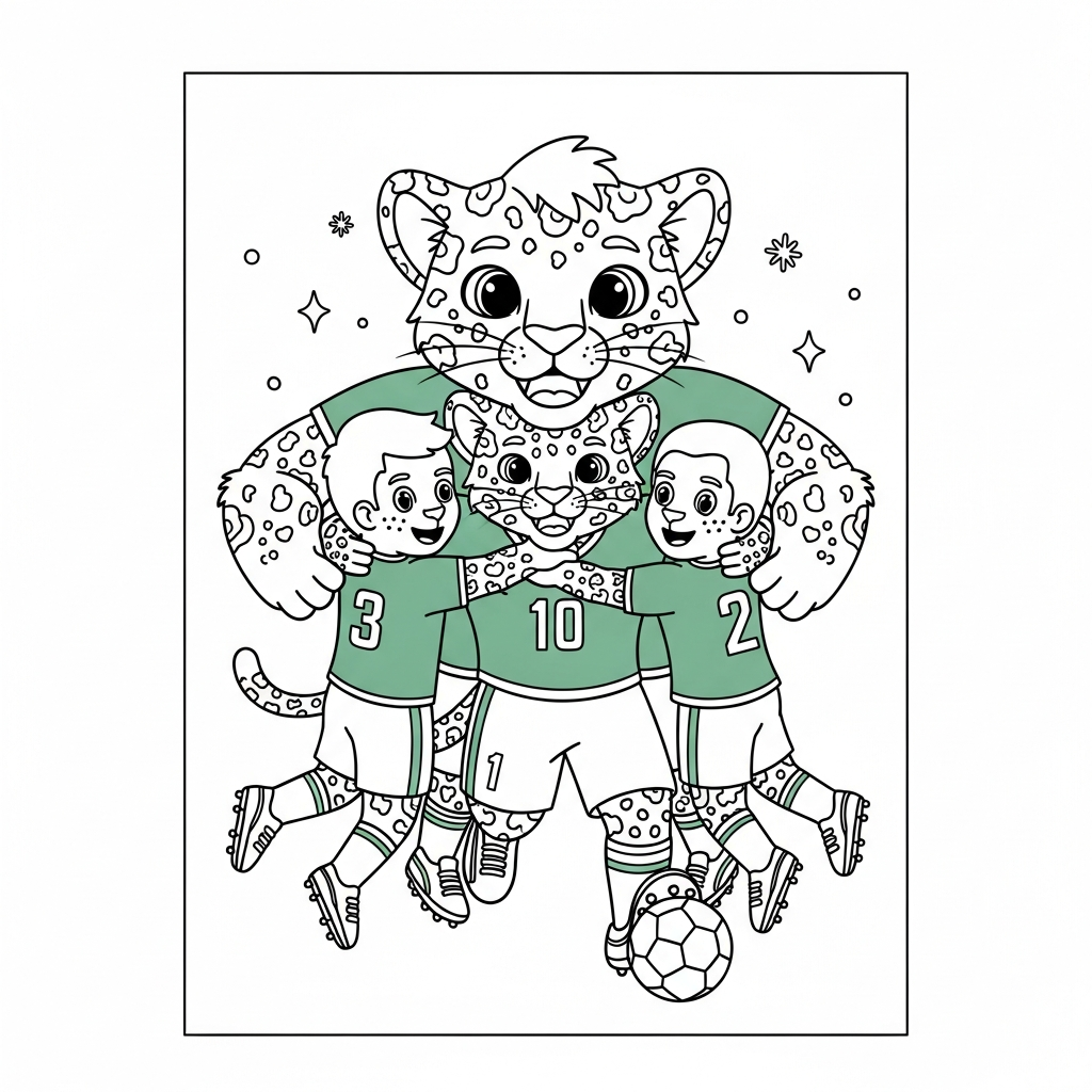 Desenho de zayu mascote copa 2026 para colorir abraçando colegas em grupo com pequena bola