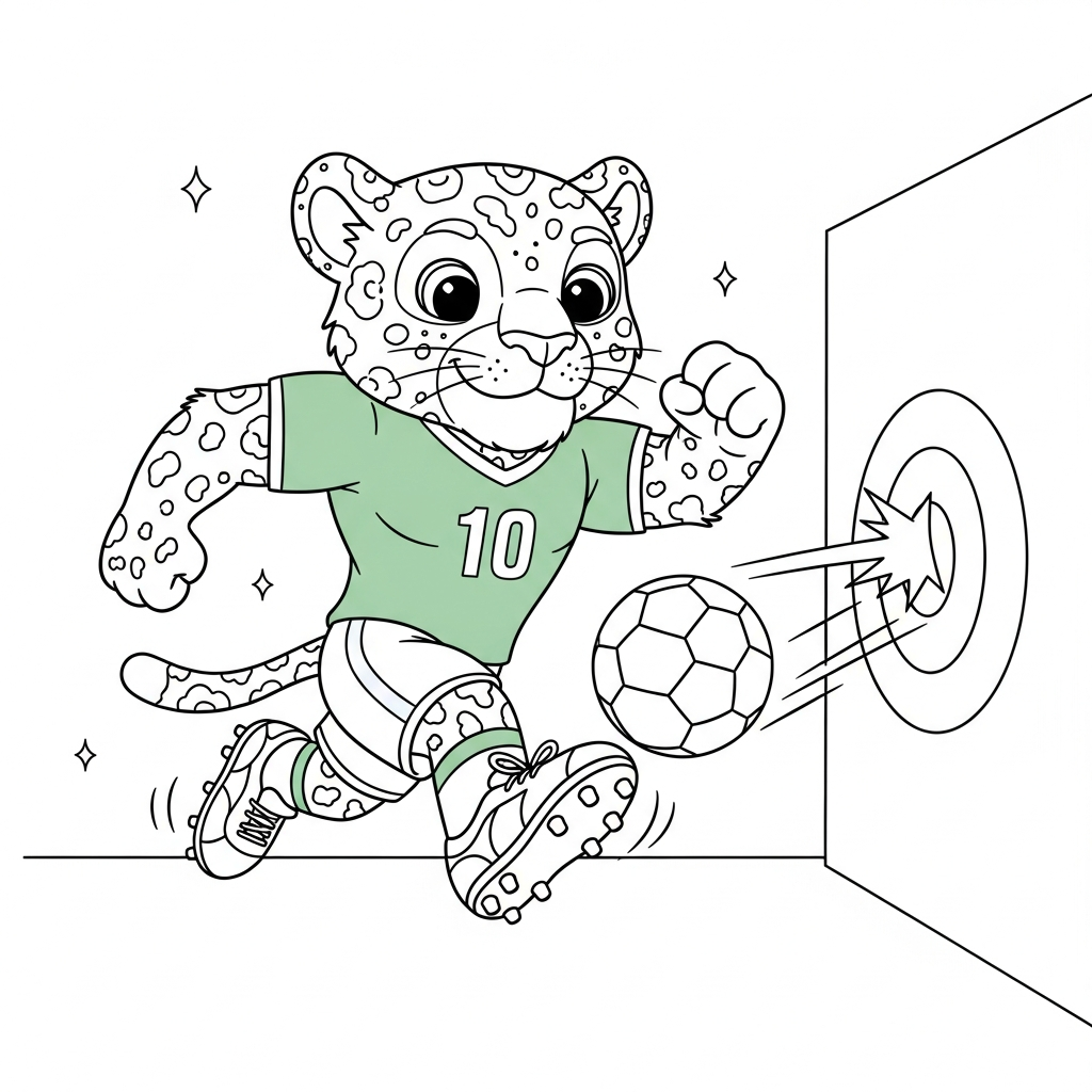 Desenho de Zayu mascote Copa 2026 para colorir chutando contra alvo com bolas e estrelas