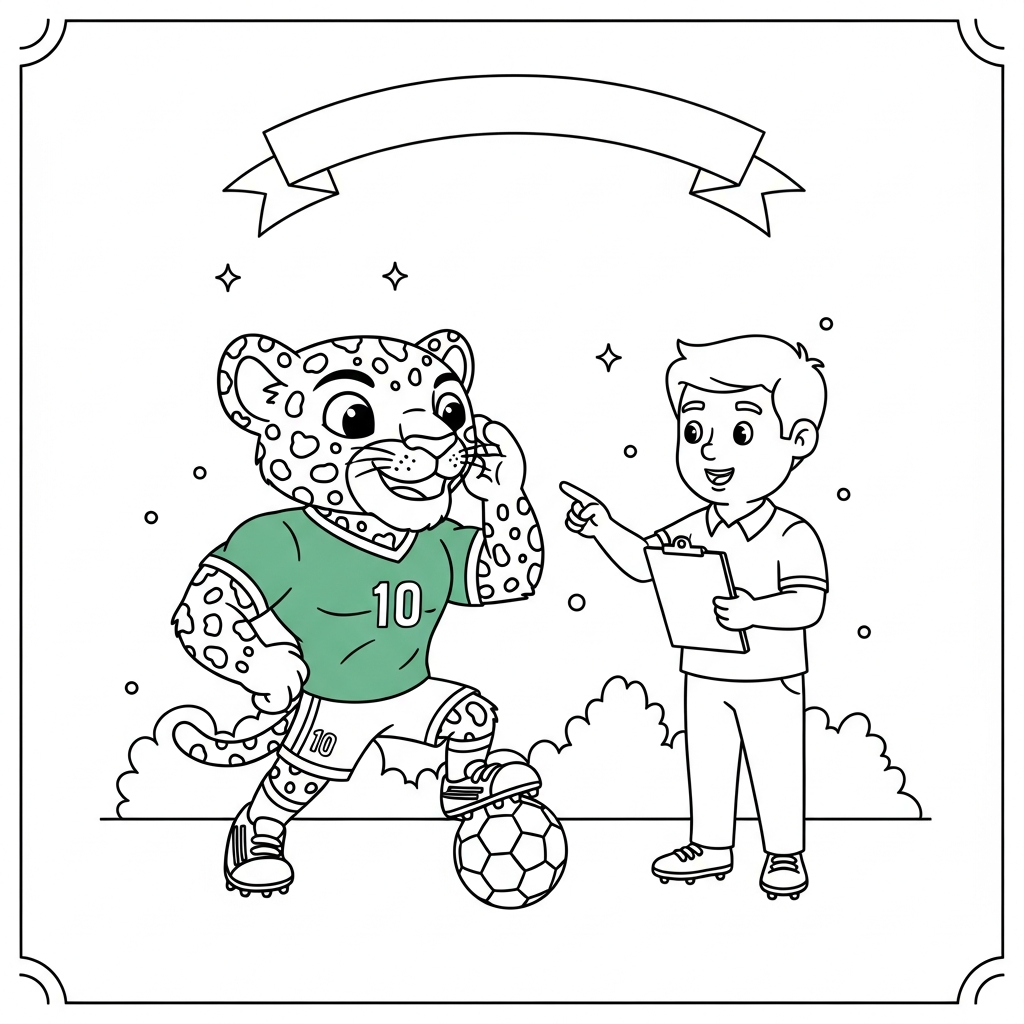 Desenho de Zayu mascote Copa 2026 para colorir conversando com técnico, troféu e medalha