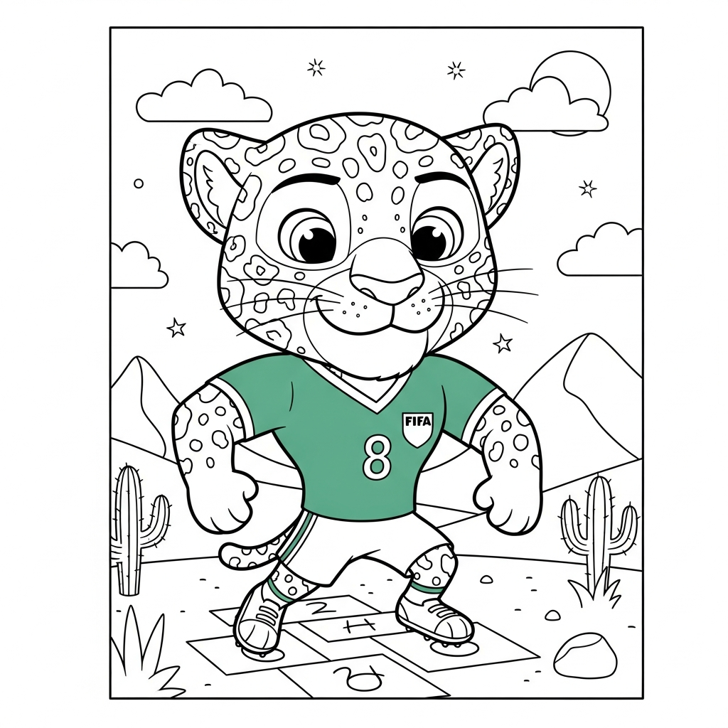 Desenho de Zayu mascote Copa 2026 para colorir pulando amarelinha no deserto com cactos.