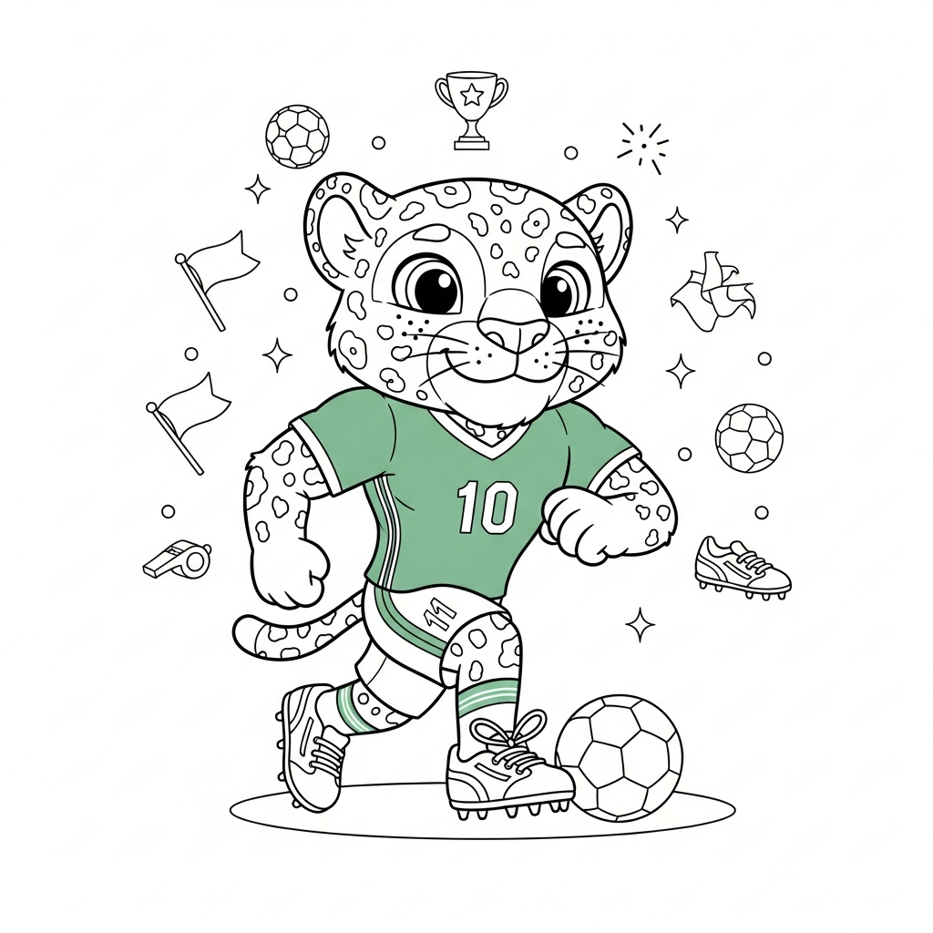 Desenho de Zayu mascote Copa 2026 para colorir amarrando cadarços no estádio iluminado