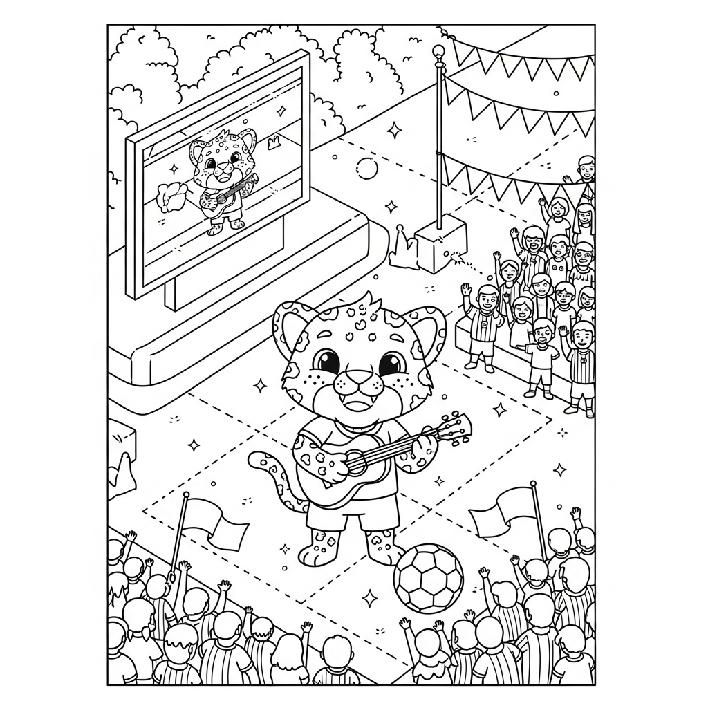 Desenho de Zayu mascote Copa 2026 para colorir tocando ukulele alegre na praça