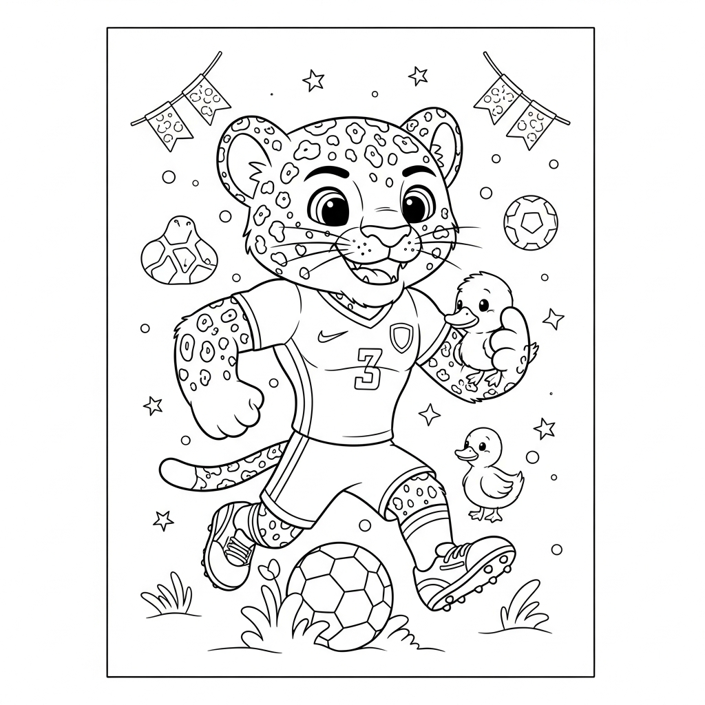 Desenho de Zayu para colorir cuidando de filhote de pato no círculo central.
