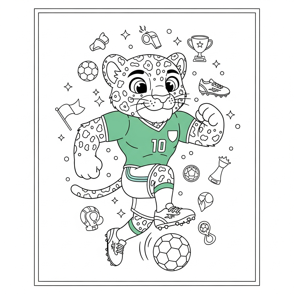 Desenho de Zayu mascote Copa 2026 para colorir chutando de voleio em treino no gramado
