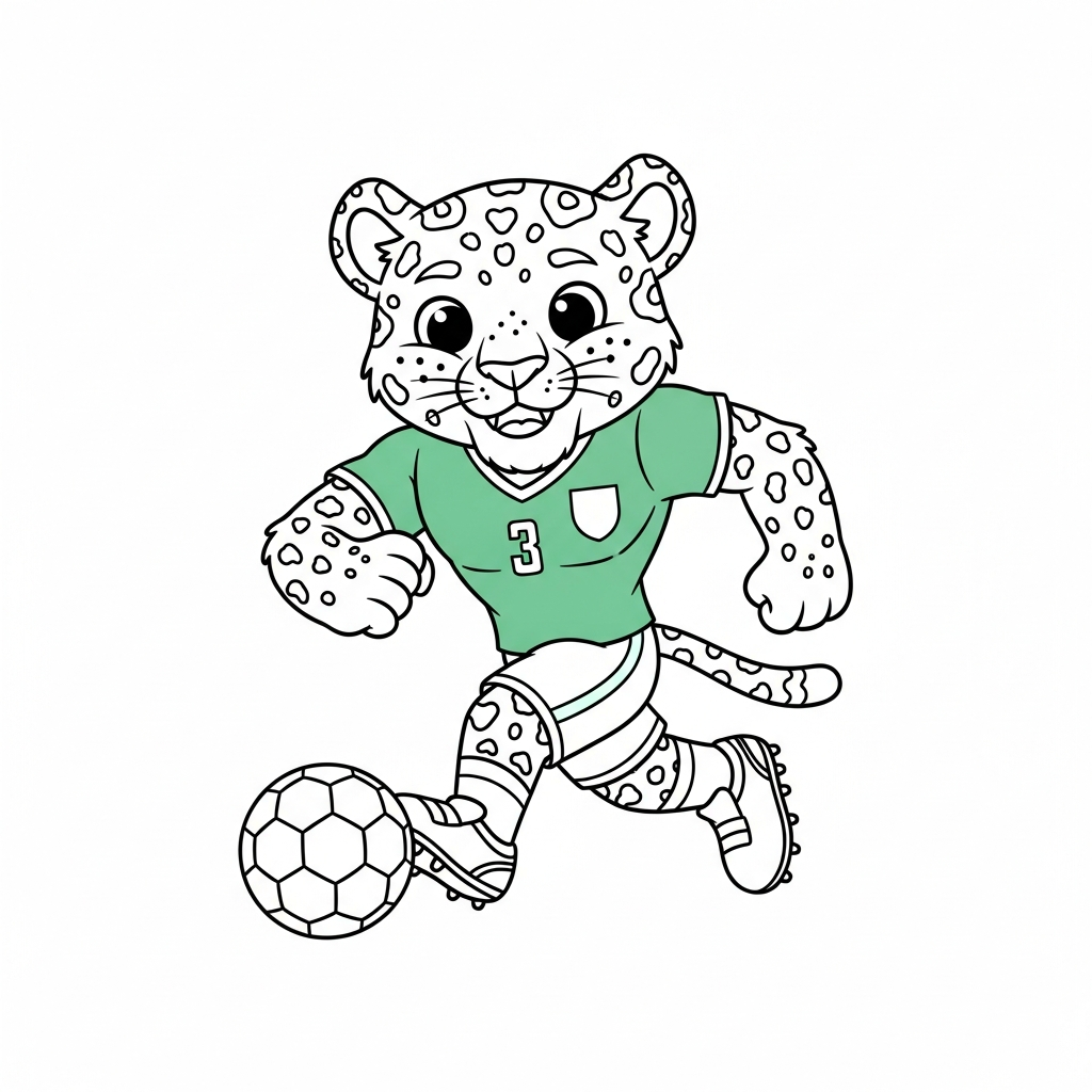 Desenho de Zayu mascote Copa 2026 para colorir driblando no campo com gols