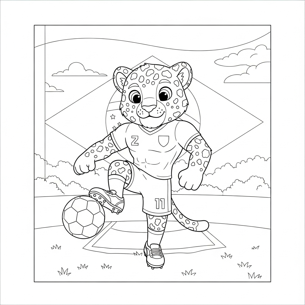 Desenho de Zayu mascote Copa 2026 para colorir amortecendo bola no amanhecer