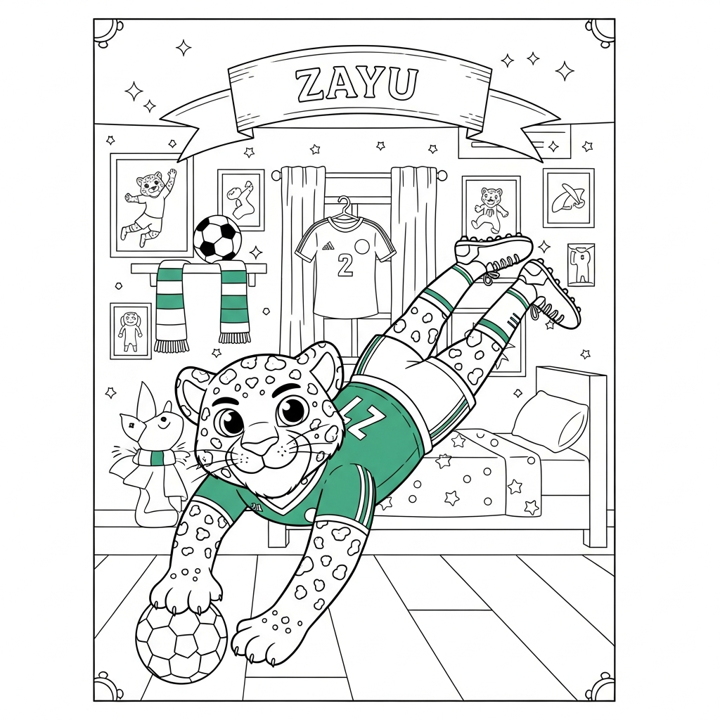 Desenho de Zayu mascote Copa 2026 para colorir cabeceando em mergulho no quarto infantil