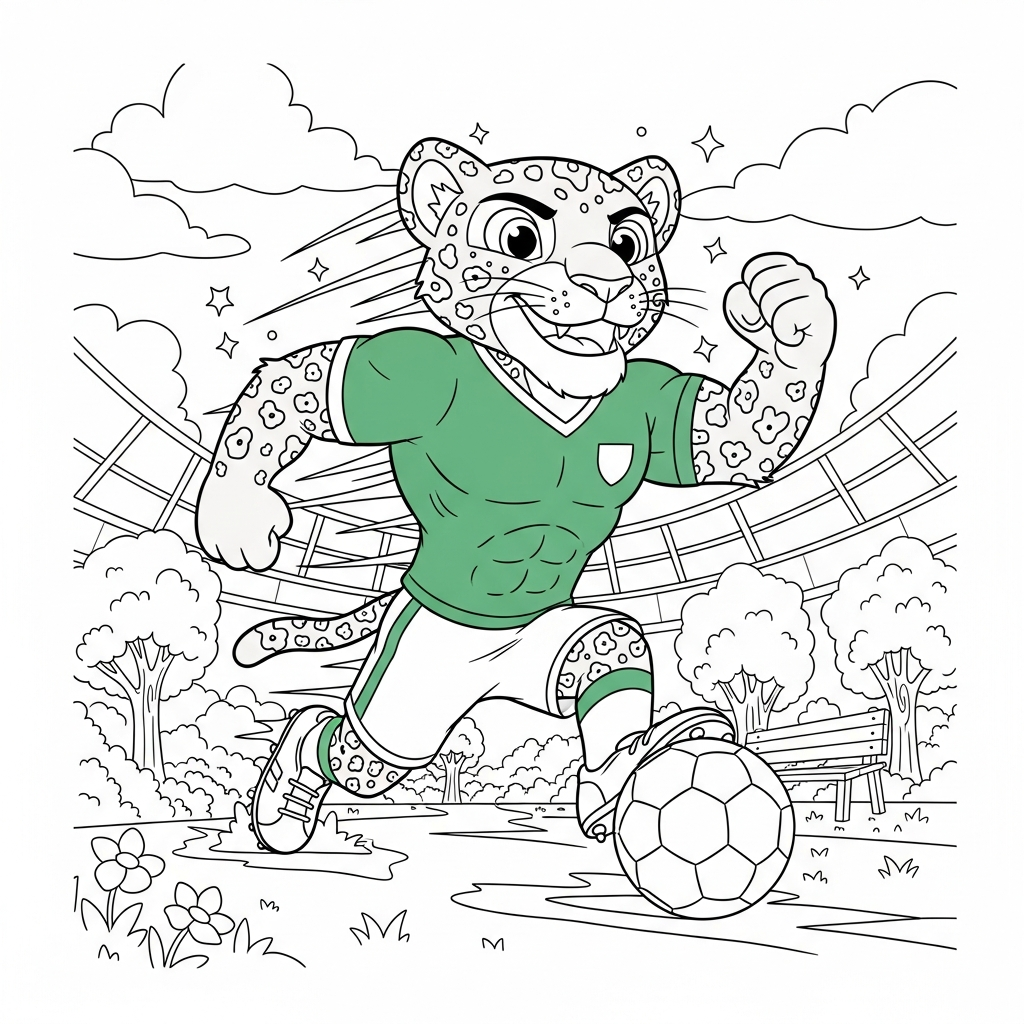 Desenho de Zayu mascote Copa 2026 para colorir correndo no parque ensolarado com árvores