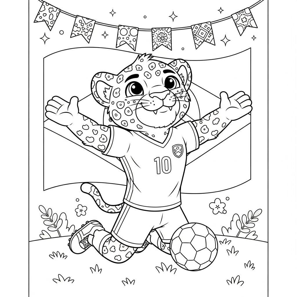 Desenho de zayu mascote copa 2026 para colorir ajoelhado de braços abertos no campo com gols