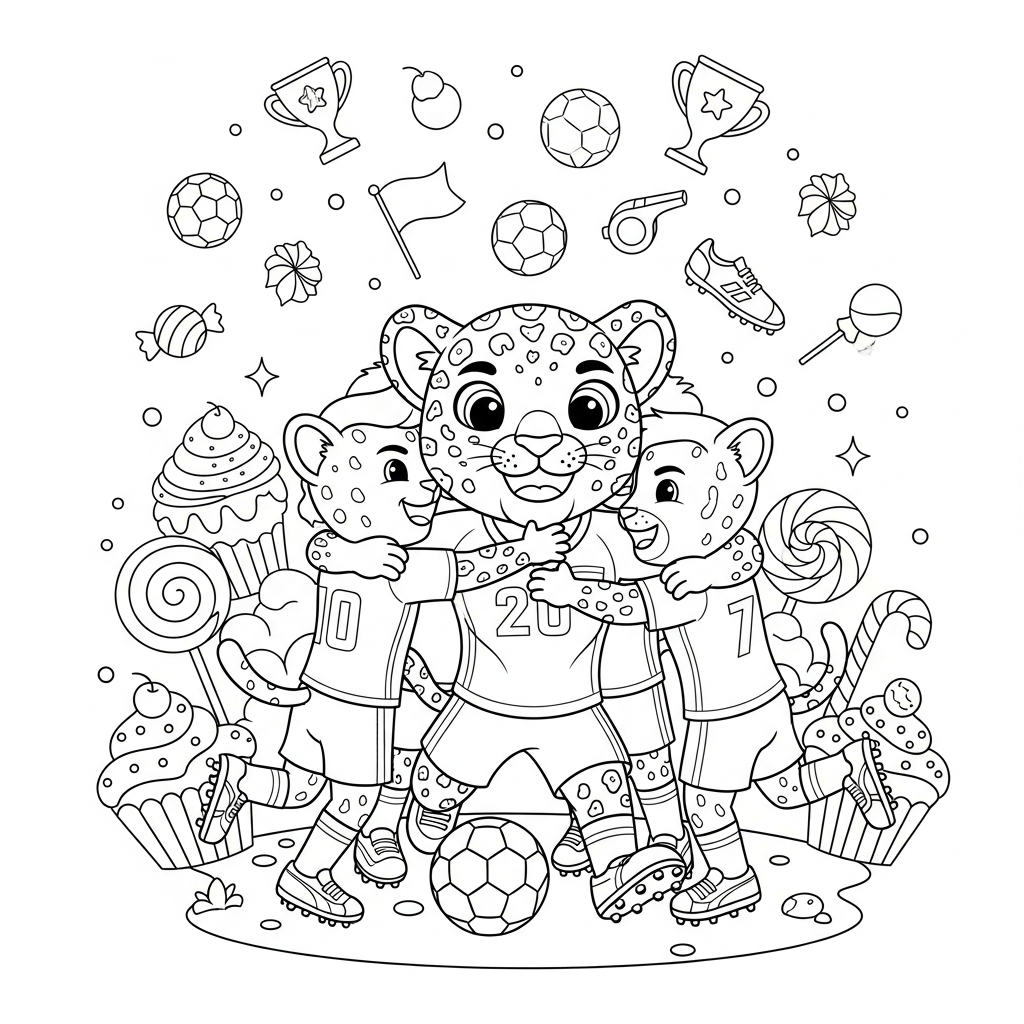 Desenho de Zayu mascote Copa 2026 para colorir abraçando colegas na terra dos doces