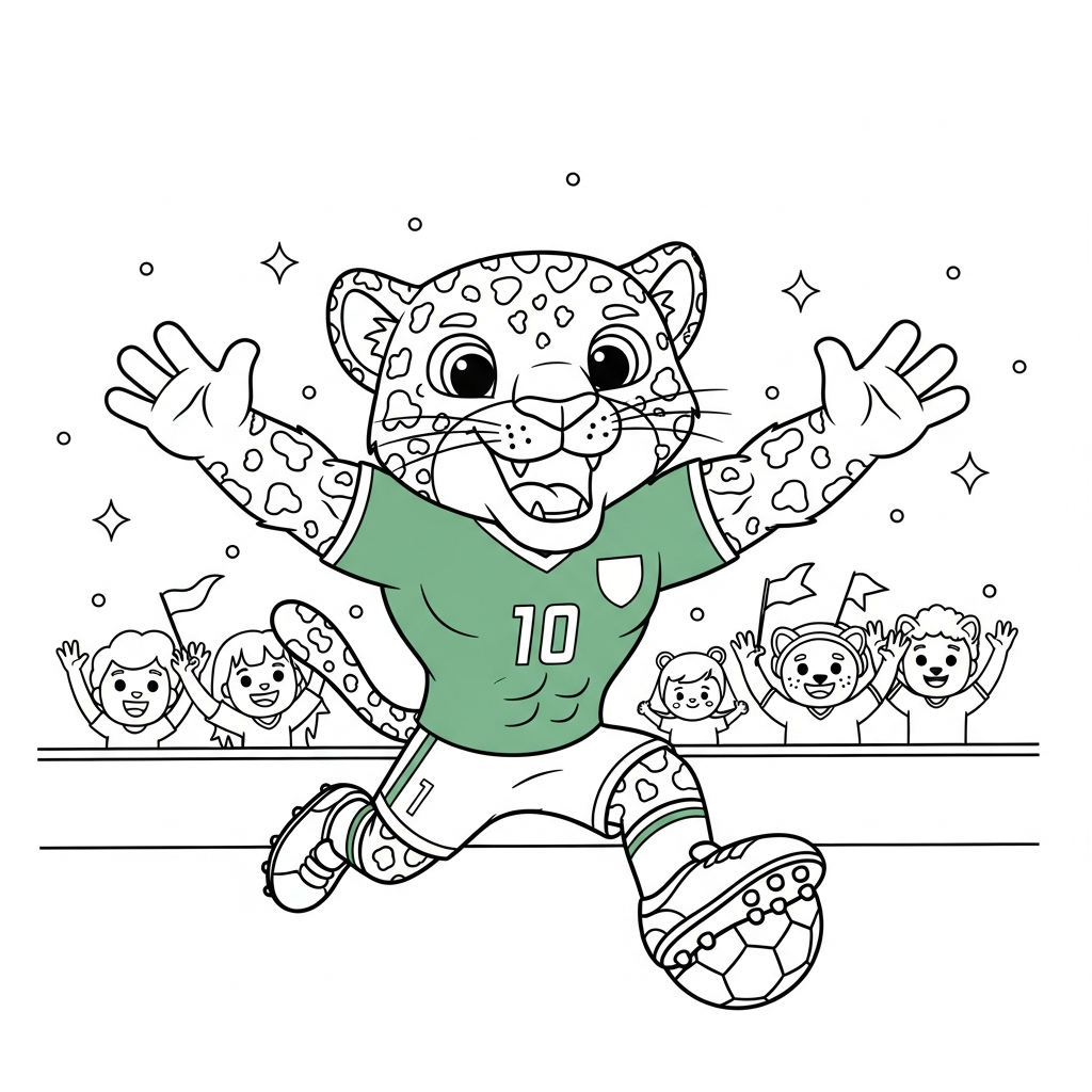Desenho de Zayu mascote Copa 2026 para colorir correndo até a torcida no círculo central