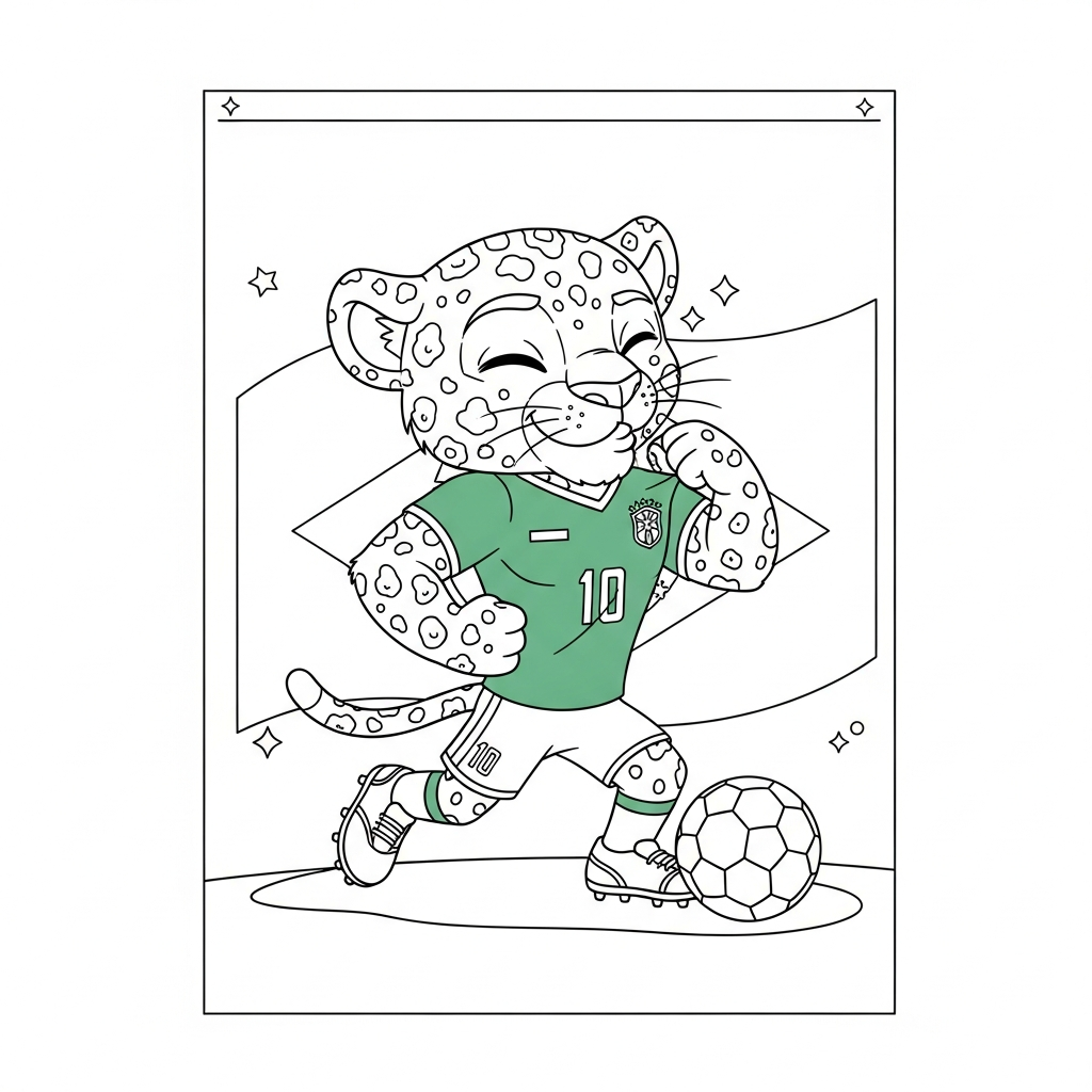 Desenho de zayu mascote copa 2026 para colorir beijando emblema no estádio iluminado à noite