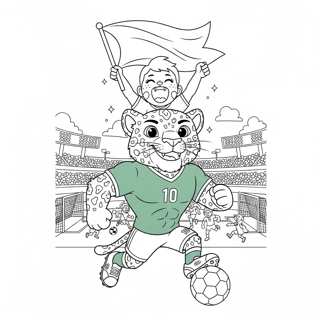Desenho de Zayu mascote Copa 2026 para colorir torcendo com bandeira no vestiário