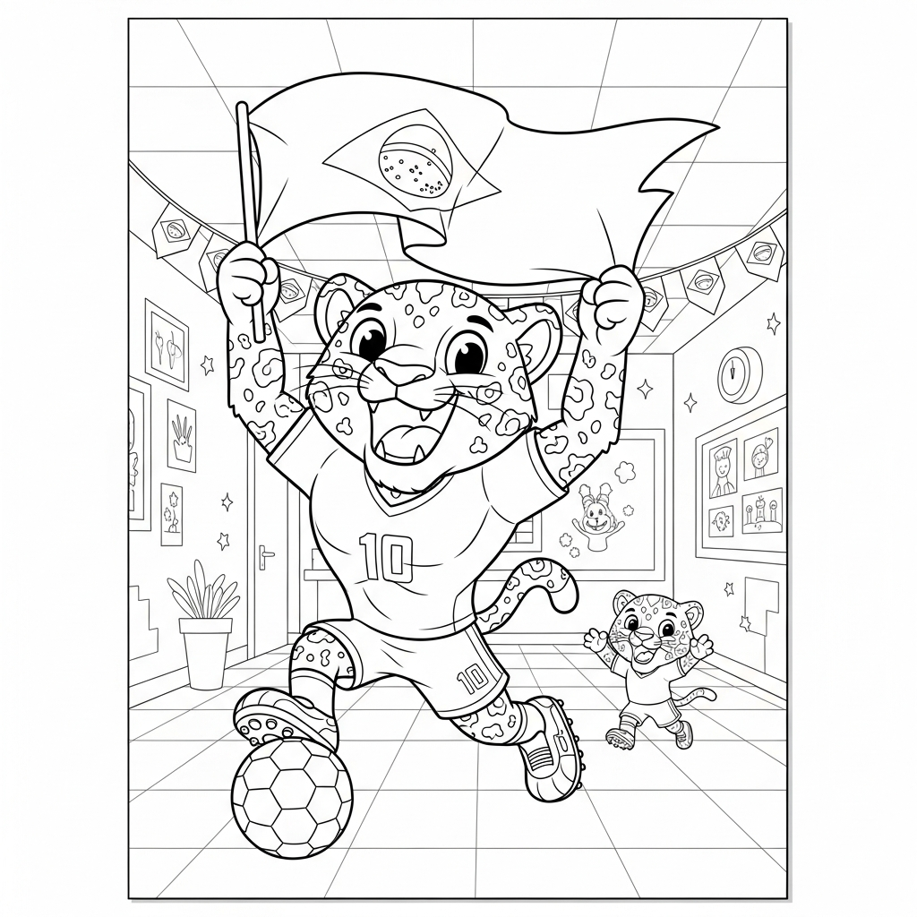 Desenho de Zayu para colorir torcendo com bandeira hasteada na escola decorada