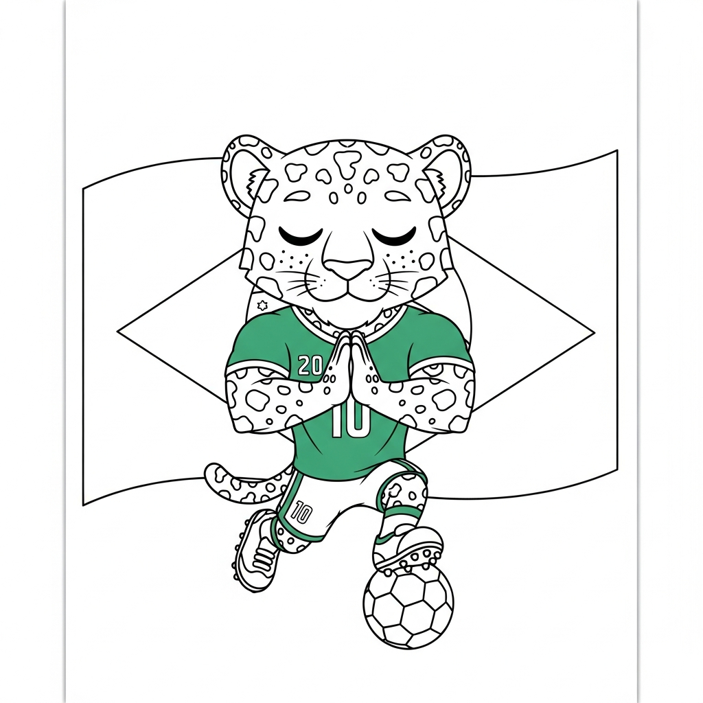 Desenho de Zayu mascote Copa 2026 para colorir rezando antes do pênalti no campo