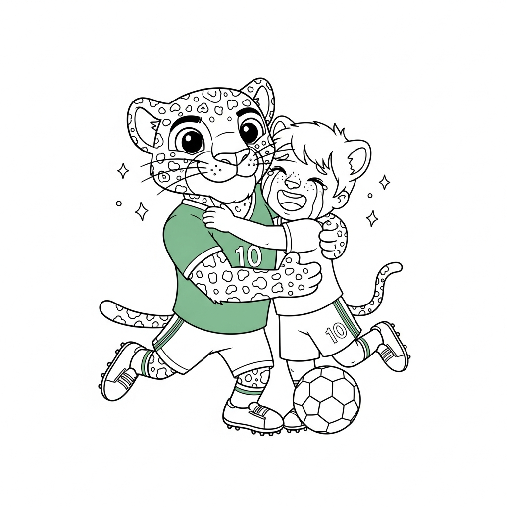 Desenho de Zayu mascote Copa 2026 para colorir abraçando após gol em avenida com torcida.