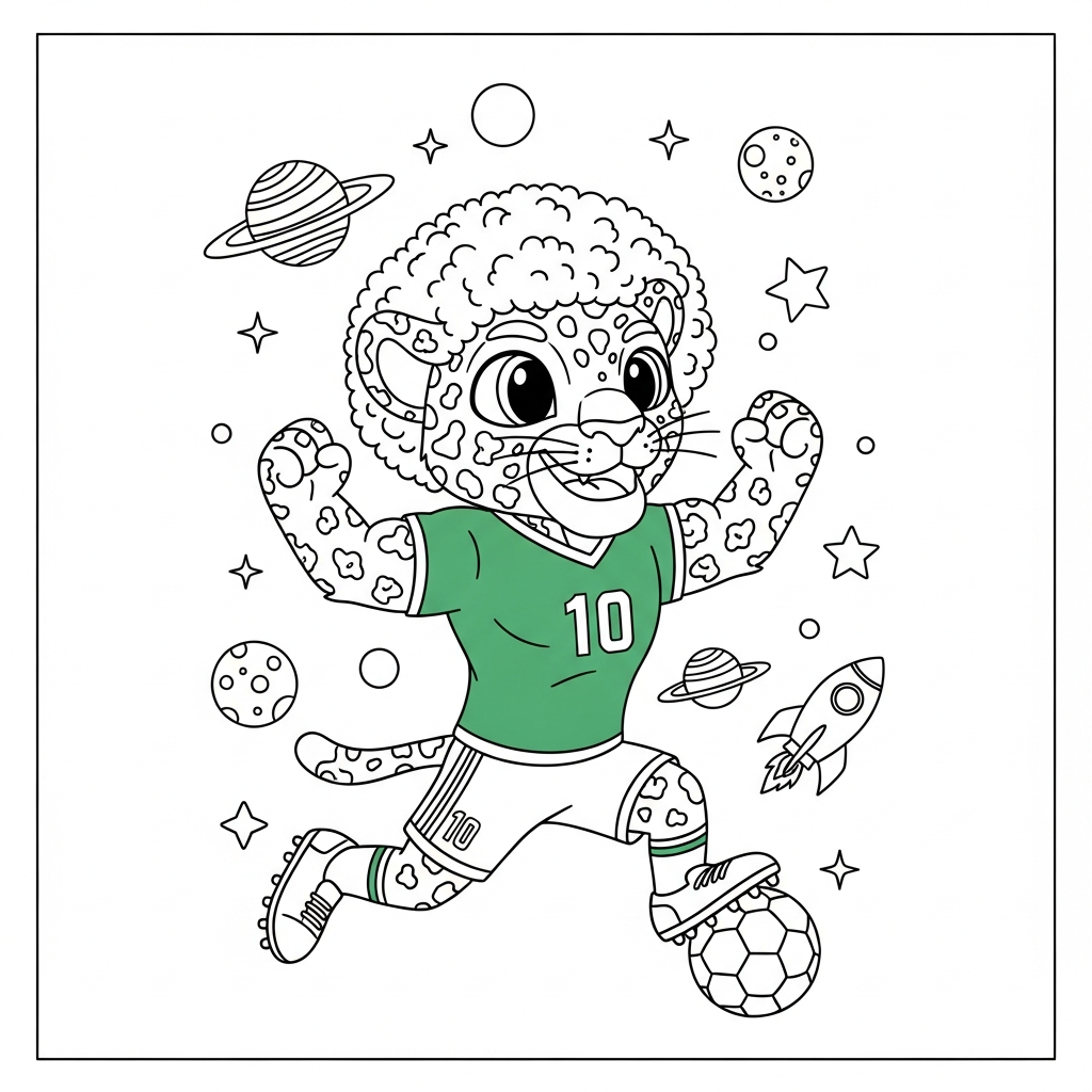 Desenho de Zayu mascote Copa 2026 para colorir com peruca, planetas e foguete