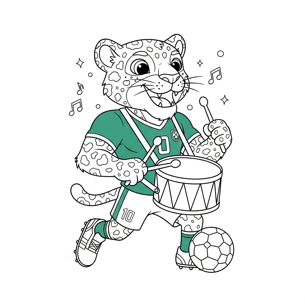 Desenho de Zayu Mascote Copa 2026 para colorir tocando bumbo em praça com telão gigante