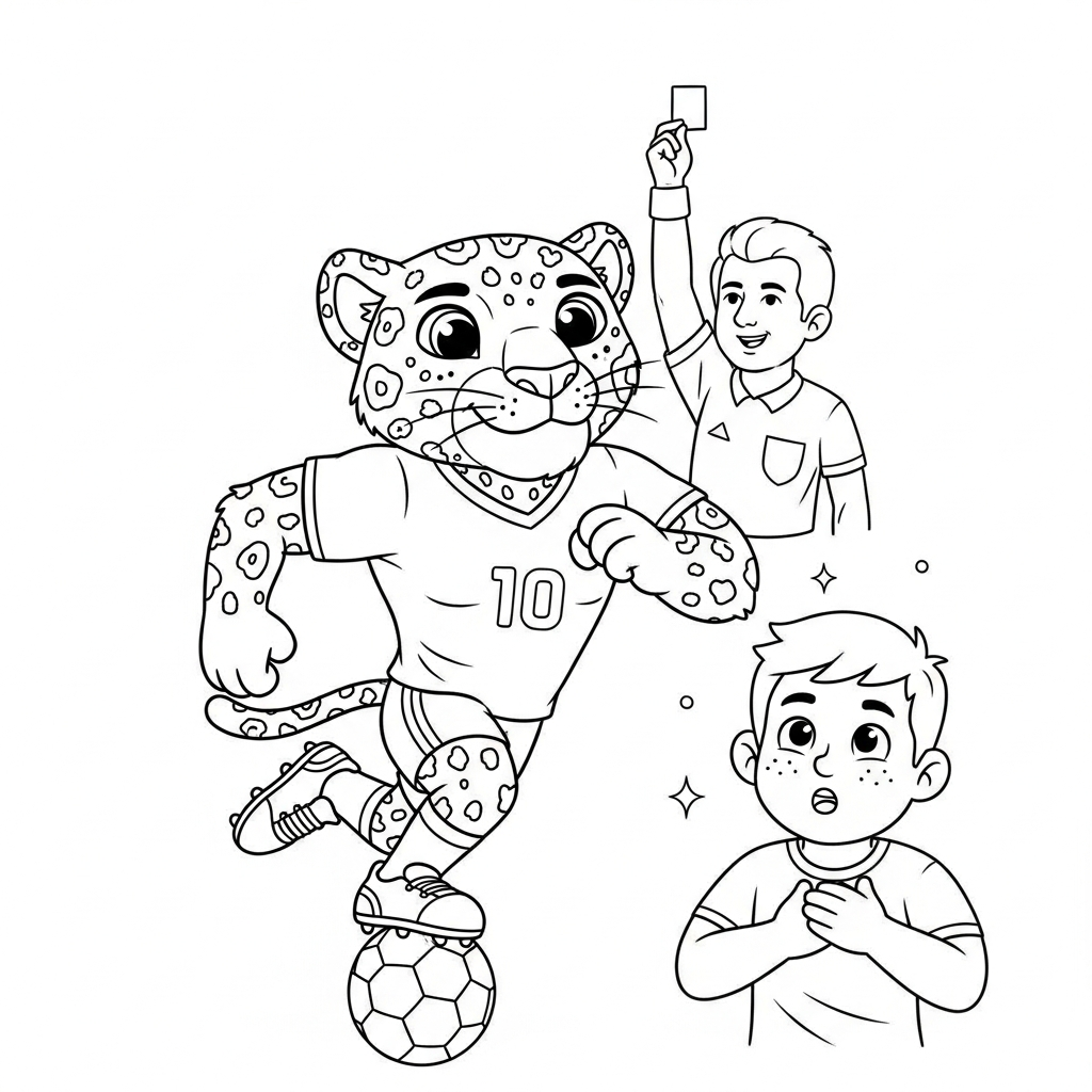 Desenho de Zayu mascote Copa 2026 para colorir recebendo cartão amarelo no estádio lotado